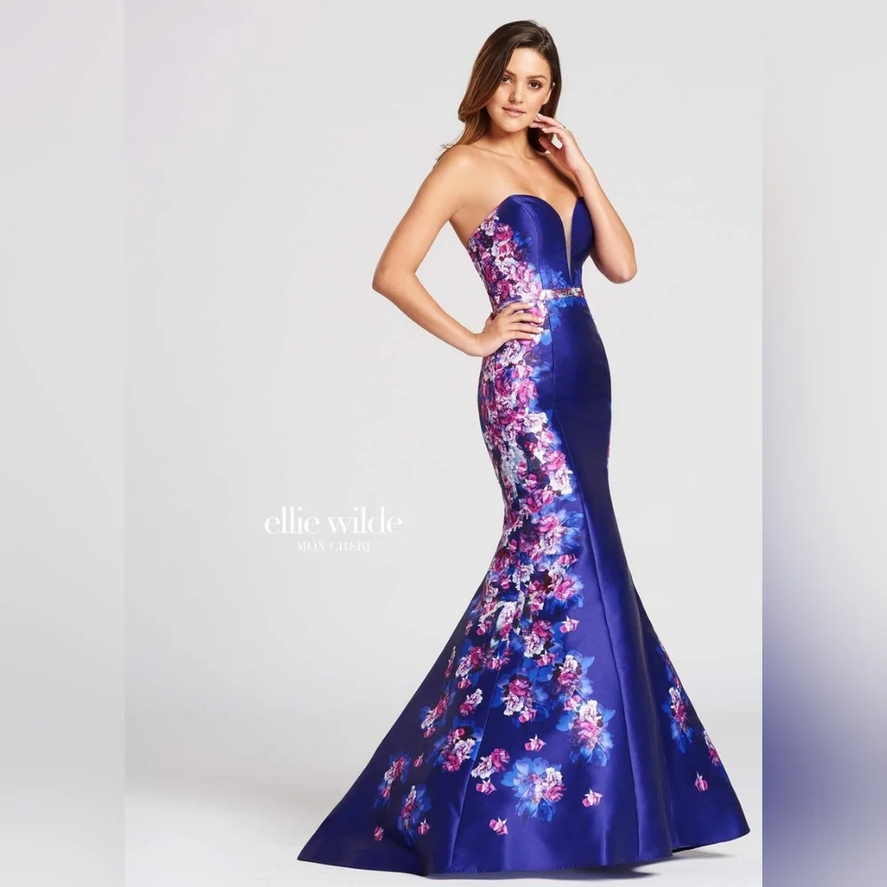 ELLIE WILDE BY MON CHERI Mermaid Bustier Prom Purple Floral Dress Size 4 - Picture 3 of 4